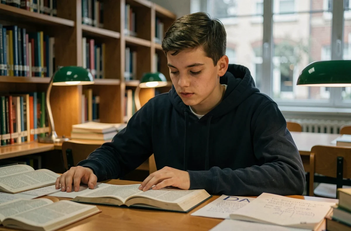 Adolescent concentré sur ses livres dans une bibliothèque scolaire, illustrant l'importance de l'éducation