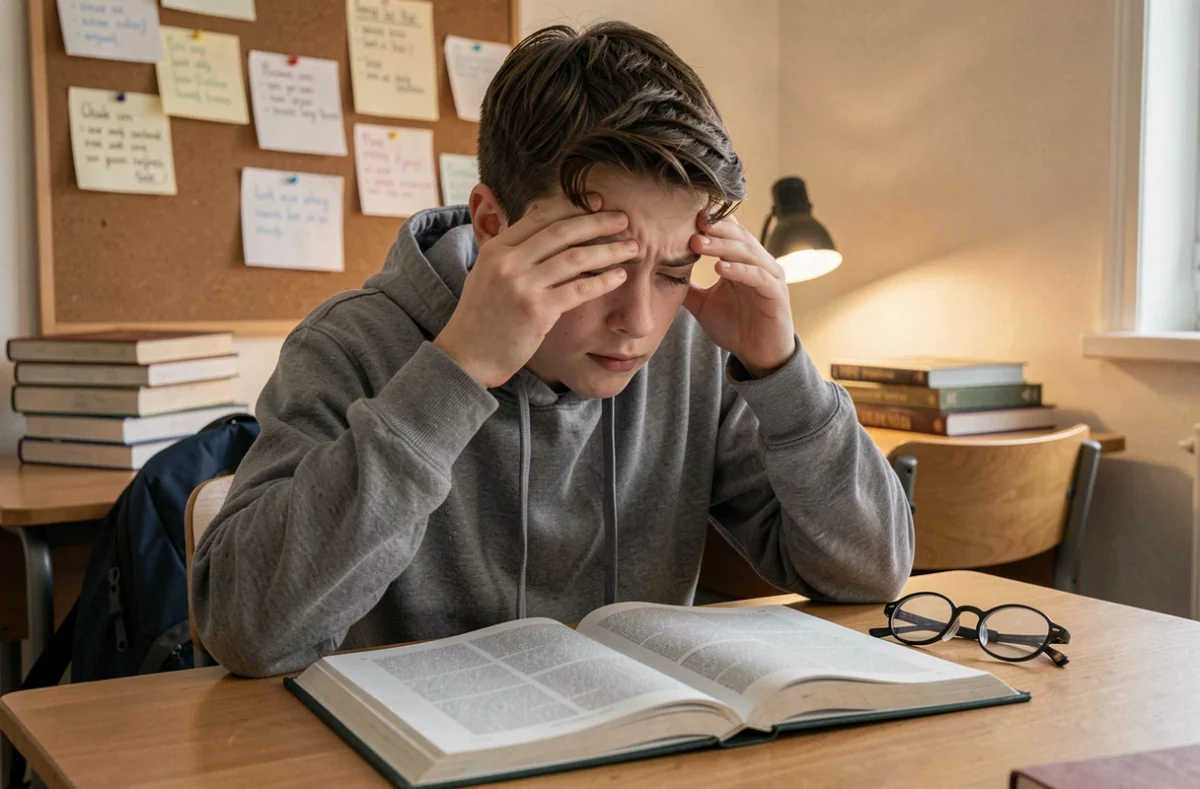 Adolescent souffrant de fatigue oculaire après une longue session de lecture, assis à son bureau d'étude