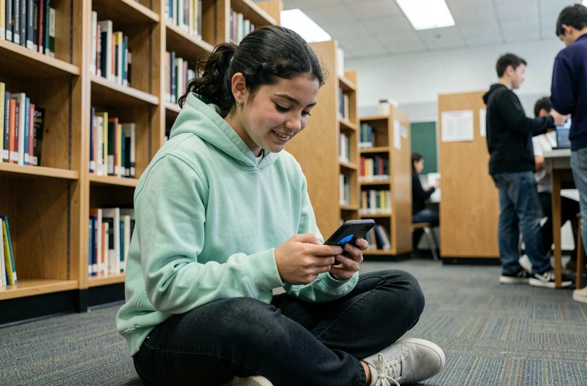 Adolescente jouant à un jeu d'entraînement cérébral sur téléphone dans une bibliothèque universitaire