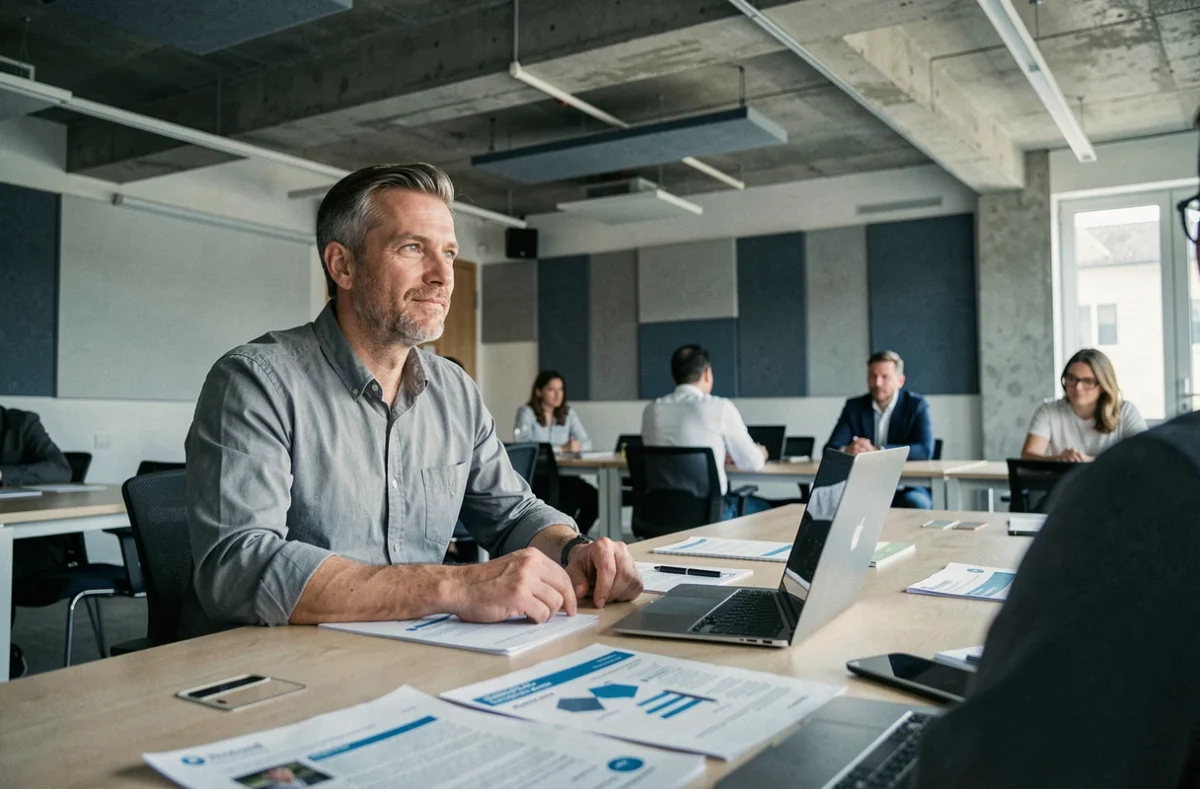 Homme en formation continue dans un espace de travail professionnel moderne lors d'un atelier