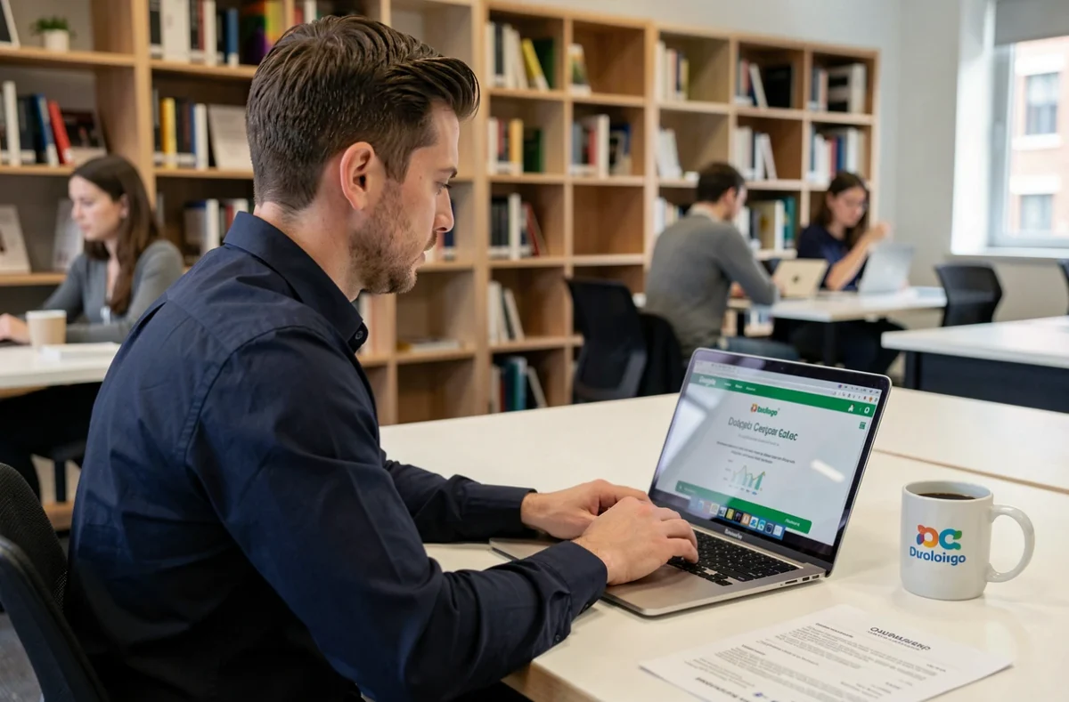 Homme consultant un certificat de cours Duolingo sur ordinateur portable dans un espace de coworking moderne