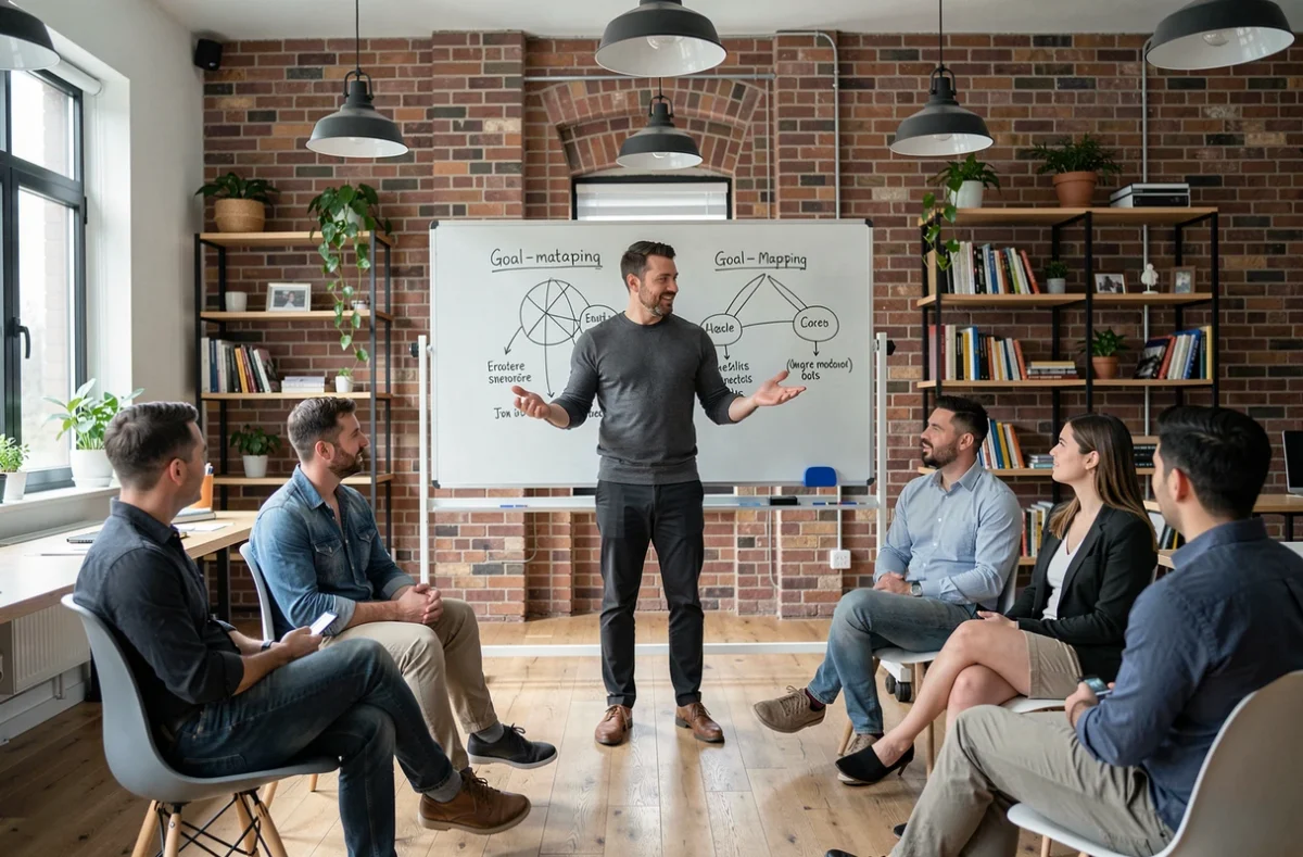 Coach de vie animant un atelier de groupe dans un espace de co-working professionnel