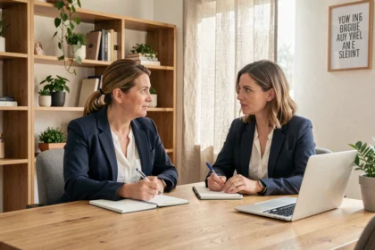 Coach de vie en séance individuelle avec un client dans un bureau à domicile chaleureux et moderne