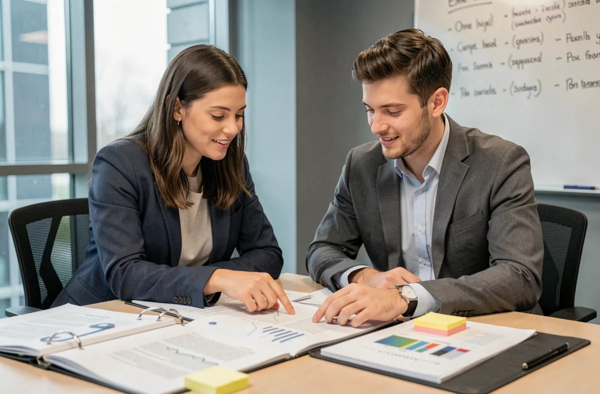 Deux stagiaires collaborant sur la rédaction d'un rapport de stage dans une salle de réunion professionnelle