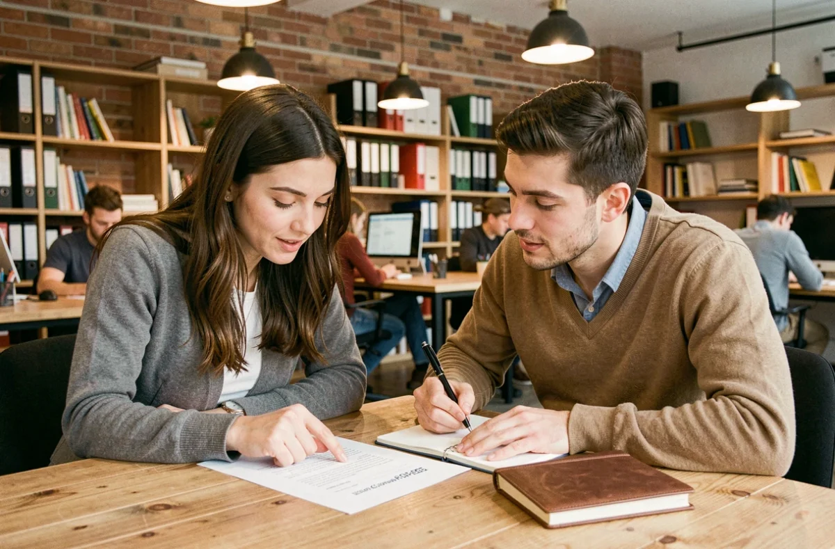 Deux jeunes professionnels collaborant sur l'introduction d'un rapport dans un espace de co-working