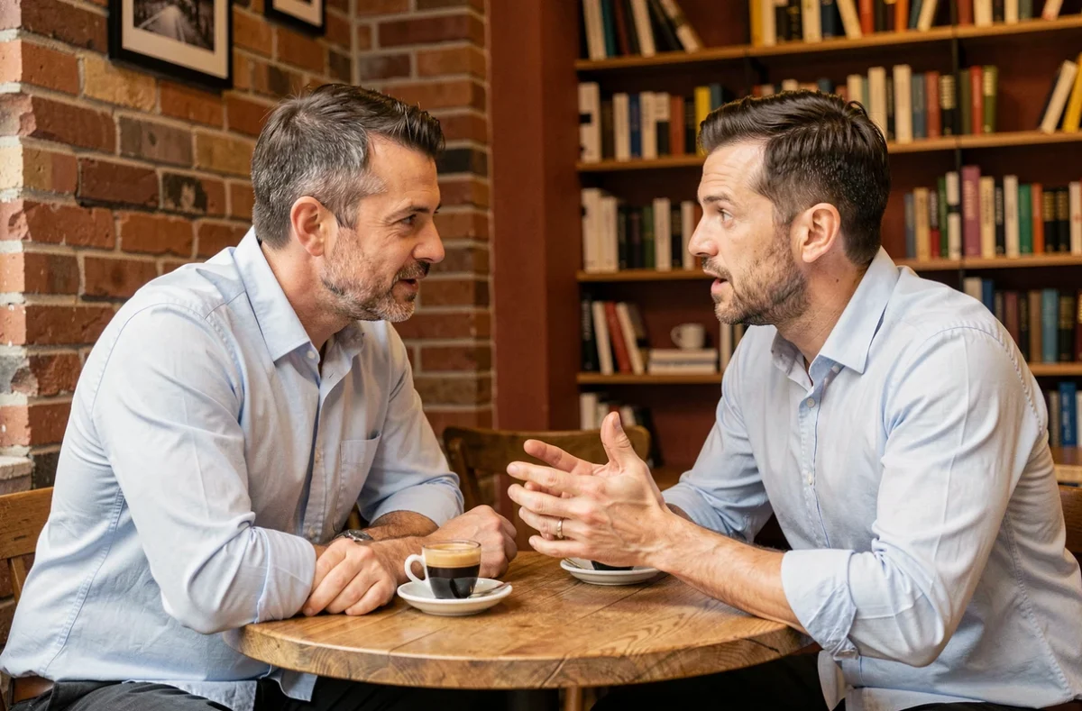 Deux hommes engagés dans une communication interpersonnelle active dans un café urbain