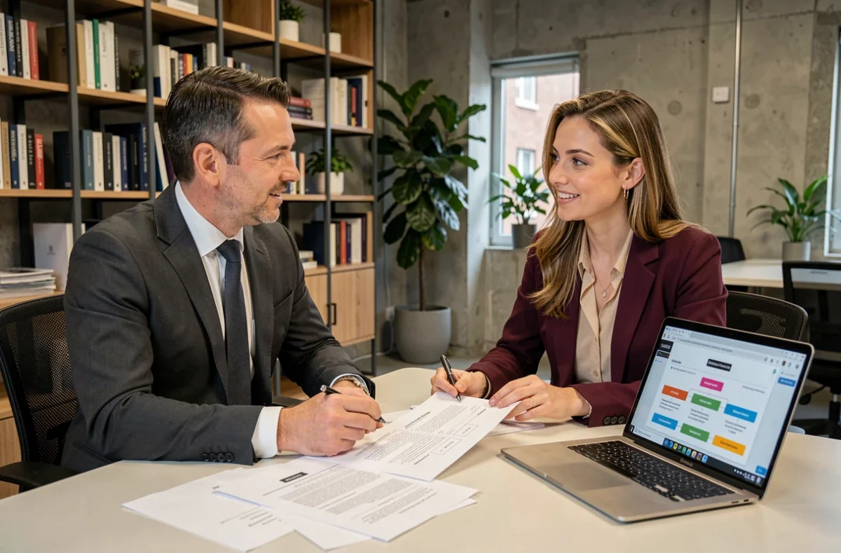 Deux professionnels analysant des documents de communication stratégique autour d'un bureau minimaliste