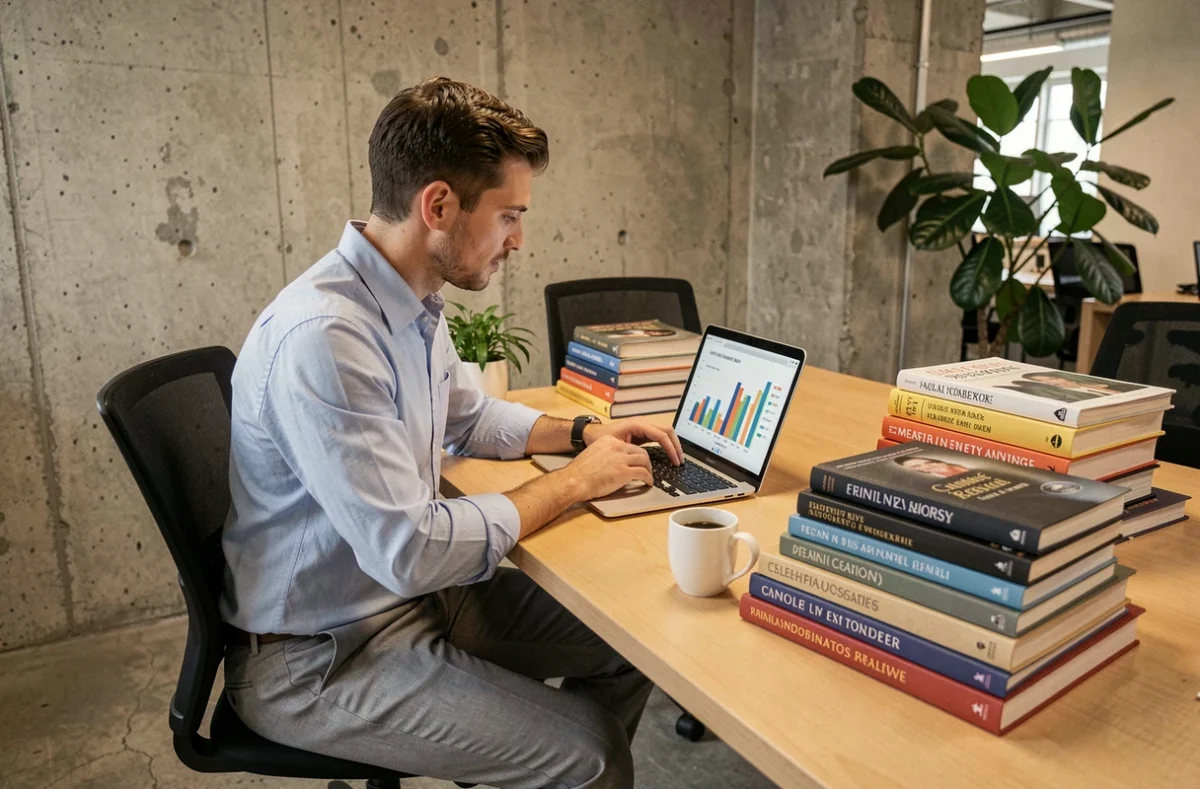 Homme consultant des statistiques de salaires par diplôme sur un ordinateur portable au bureau