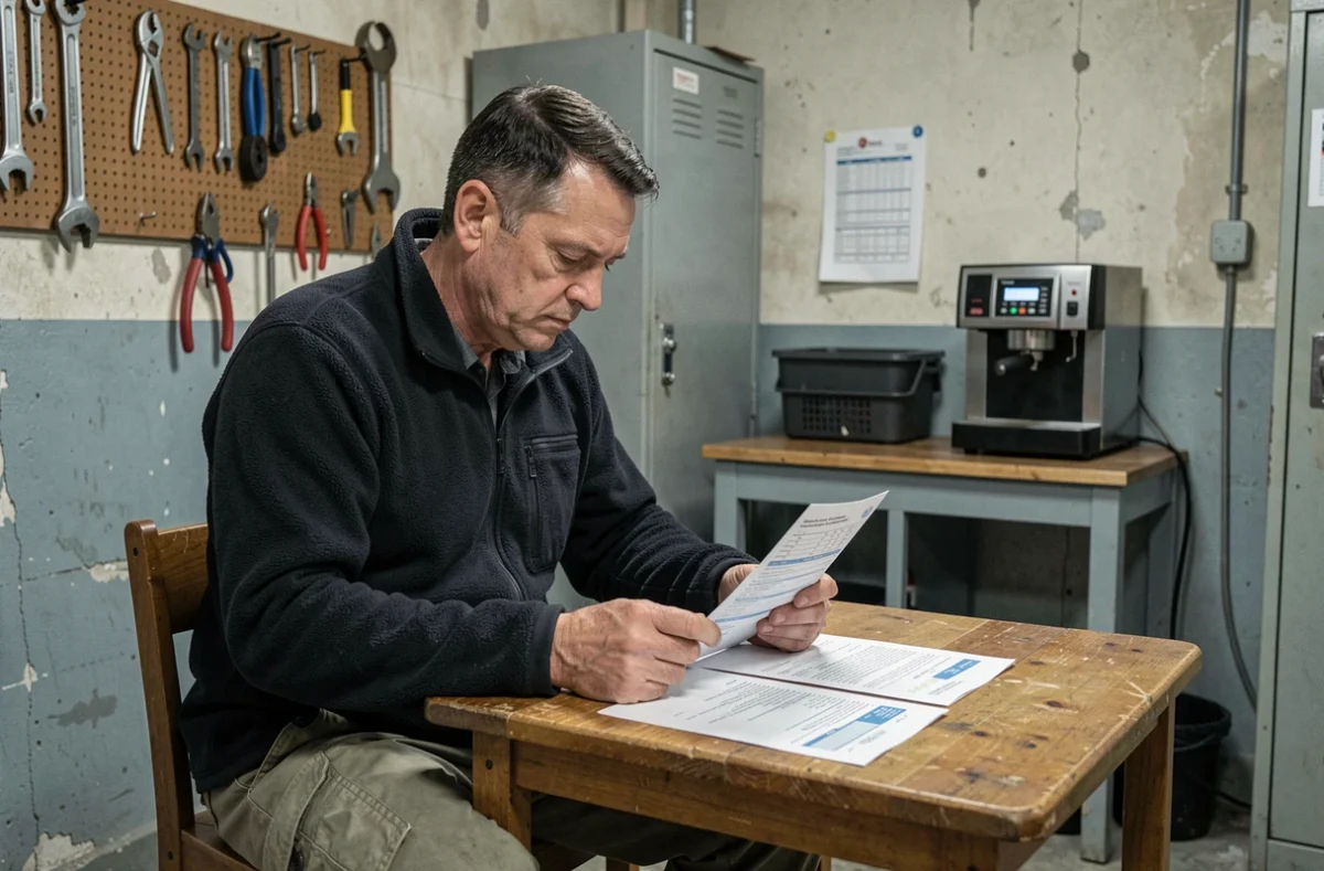 Agent municipal en contrat aidé consultant sa fiche de paie et son contrat CUI dans une salle de pause