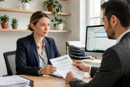 Femme en entretien avec un conseiller emploi pour discuter d'un contrat CUI et du salaire associé