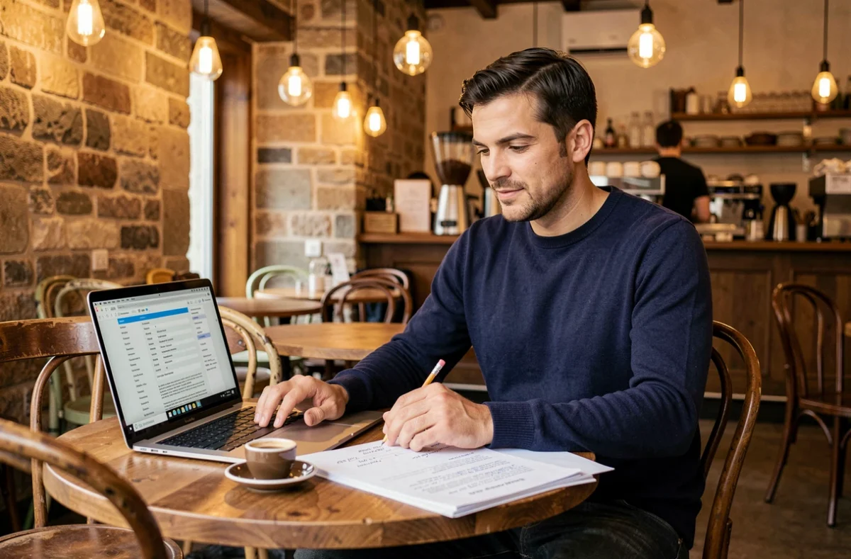 Un rédacteur travaille seul sur une copy strategy dans un café parisien avec un ordinateur portable et des notes imprimées