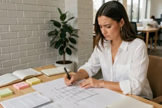 Une stratège marketing travaille sur une copy strategy en prenant des notes manuscrites dans un bureau créatif moderne