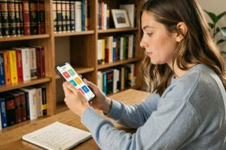 Jeune femme utilisant l'application Duolingo sur smartphone pour apprendre une langue étrangère à son bureau
