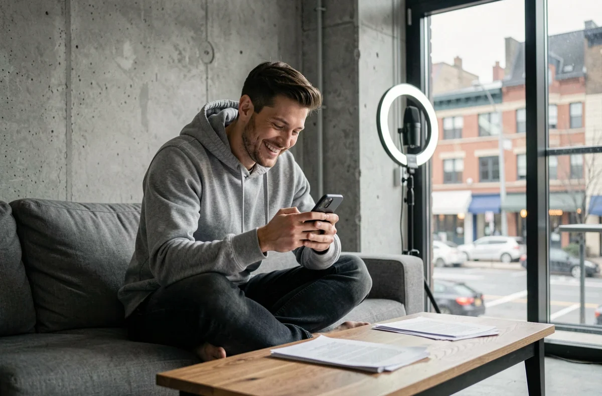 Jeune homme créateur de contenu filmant depuis son appartement avec un smartphone