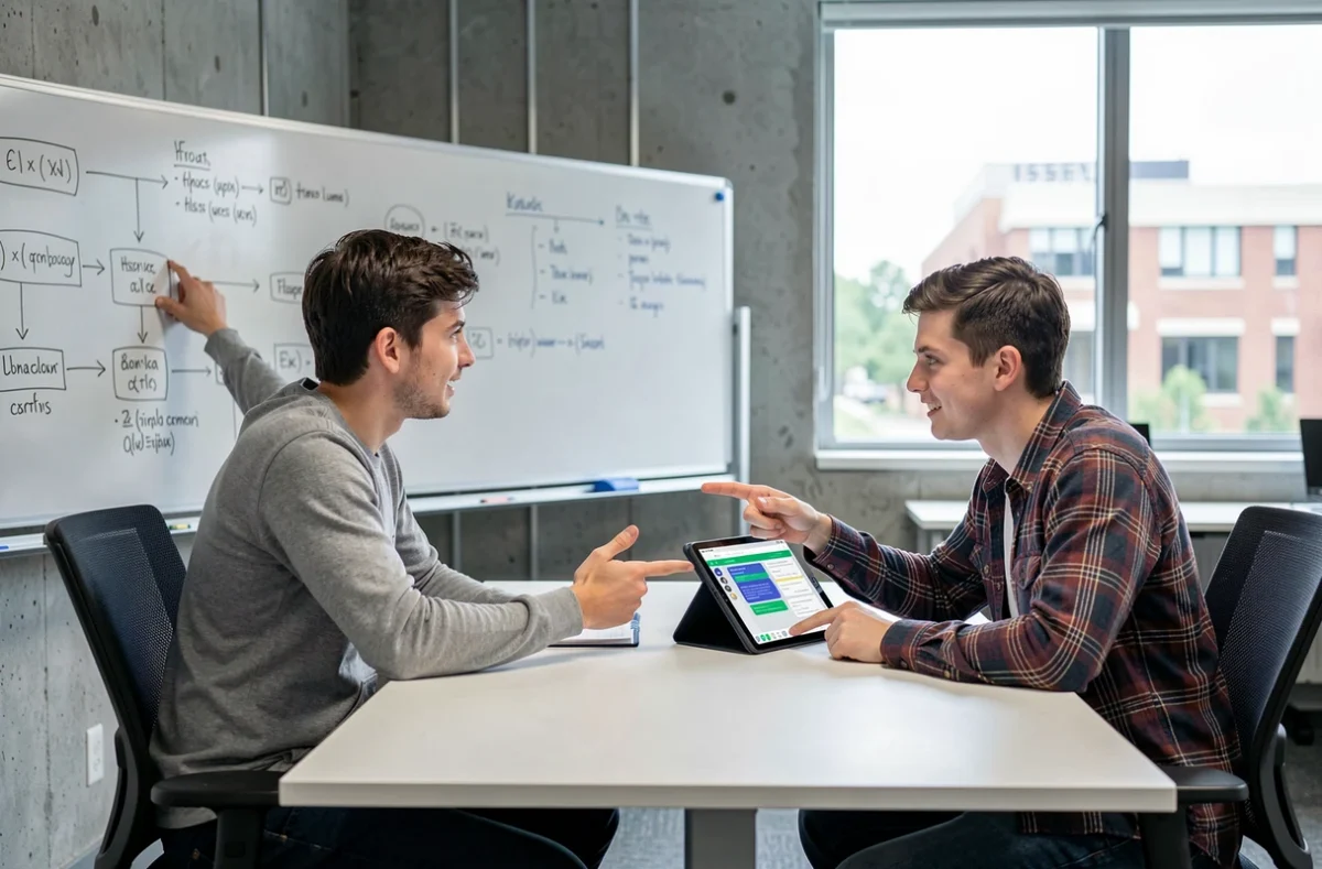 Deux étudiants en débat sur les différences entre un cursus en informatique classique et une formation en intelligence artificielle dans une salle de classe technologique