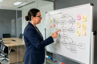 Femme d'affaires présentant les étapes d'une démarche stratégique sur un tableau blanc en salle de réunion