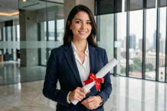 Femme diplômée en blazer tenant son diplôme universitaire dans un hall d'entreprise moderne