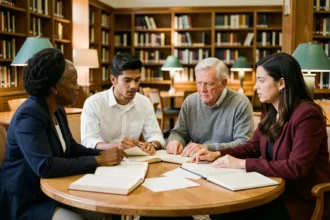 Groupe de quatre adultes discutant des droits naturels autour d'une table dans une bibliothèque universitaire