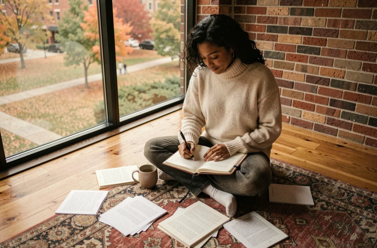 Jeune femme écrivant dans un journal sur les droits naturels dans un appartement minimaliste au bord d'une fenêtre