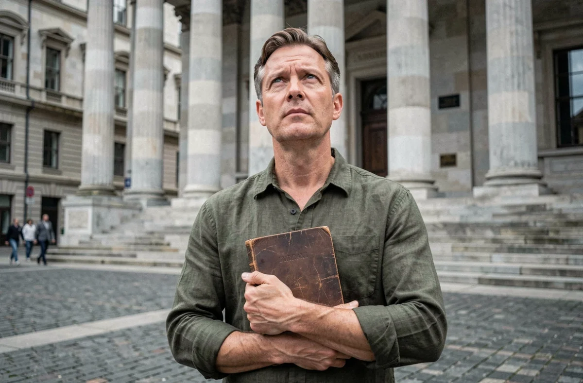 Homme tenant un livre devant un palais de justice en pierre symbolisant les droits naturels fondamentaux