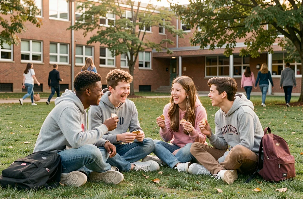 Groupe d'adolescents souriants dans une cour de lycée, montrant les liens sociaux positifs au secondaire