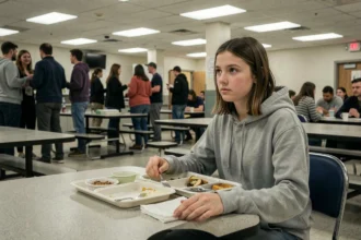 Adolescente isolée dans une cafétéria scolaire, illustrant les effets du secondaire sur la socialisation
