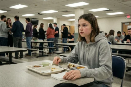 Adolescente isolée dans une cafétéria scolaire, illustrant les effets du secondaire sur la socialisation