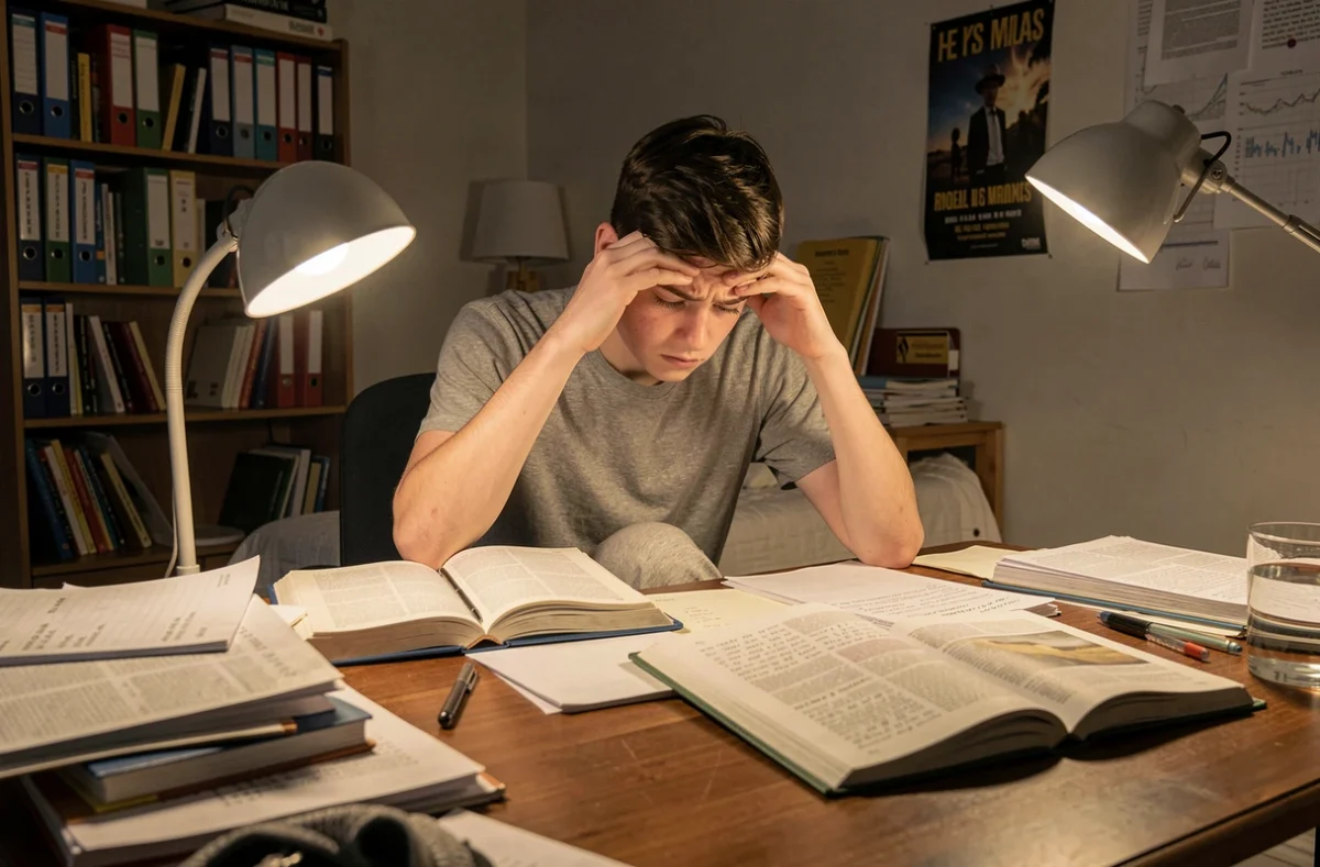 Adolescent stressé devant ses devoirs à son bureau, représentant la pression académique au secondaire
