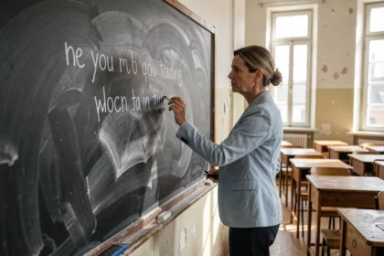 Enseignante écrivant un slogan éducatif à la craie sur un tableau noir dans une salle de classe traditionnelle