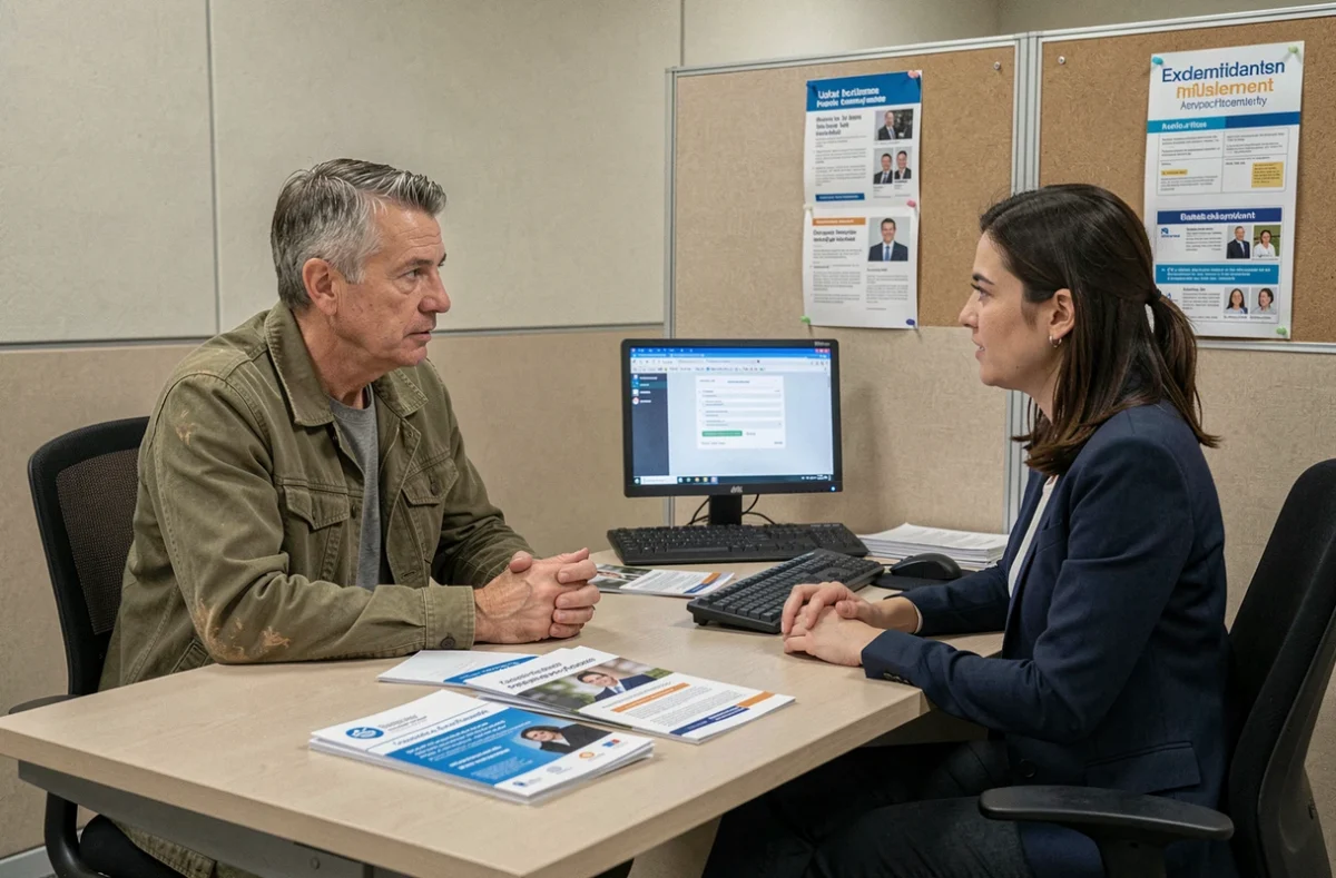 Homme au chômage en entretien avec un conseiller Pôle Emploi pour financer une formation professionnelle