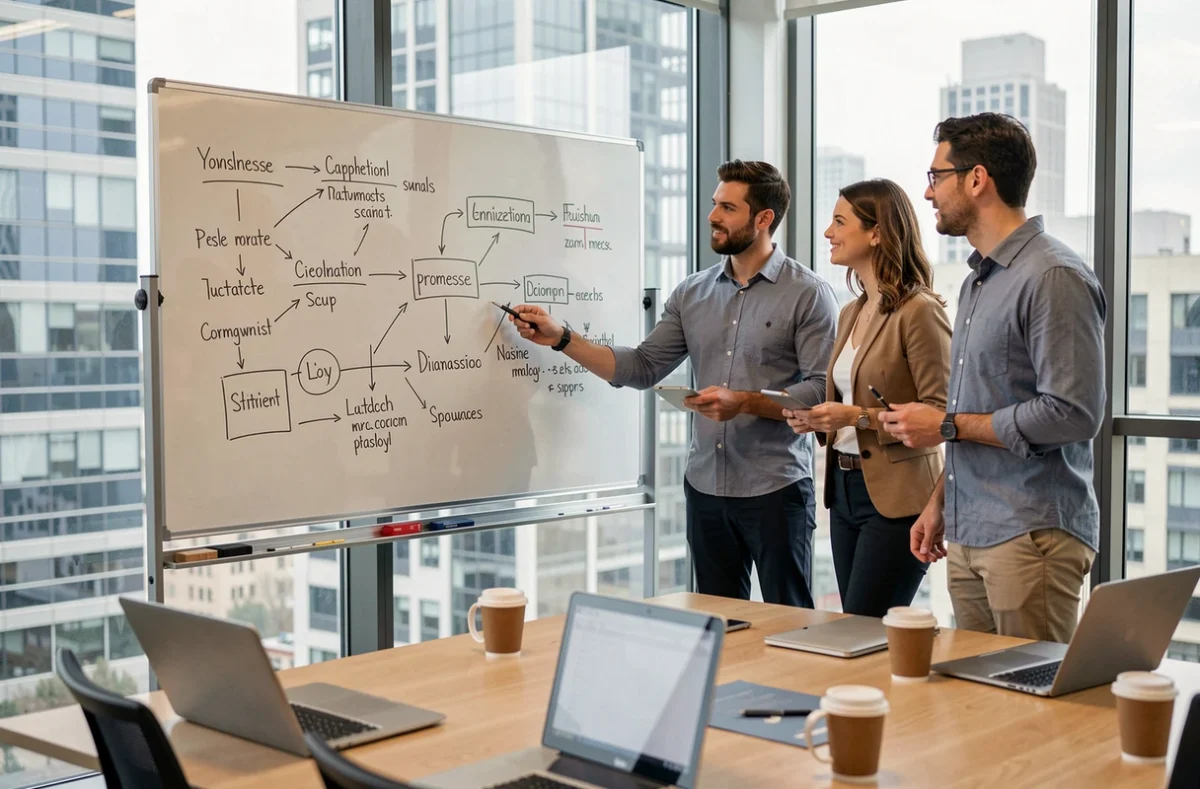 Une équipe marketing collabore autour d'un tableau blanc pour élaborer une copy strategy structurée en salle de réunion