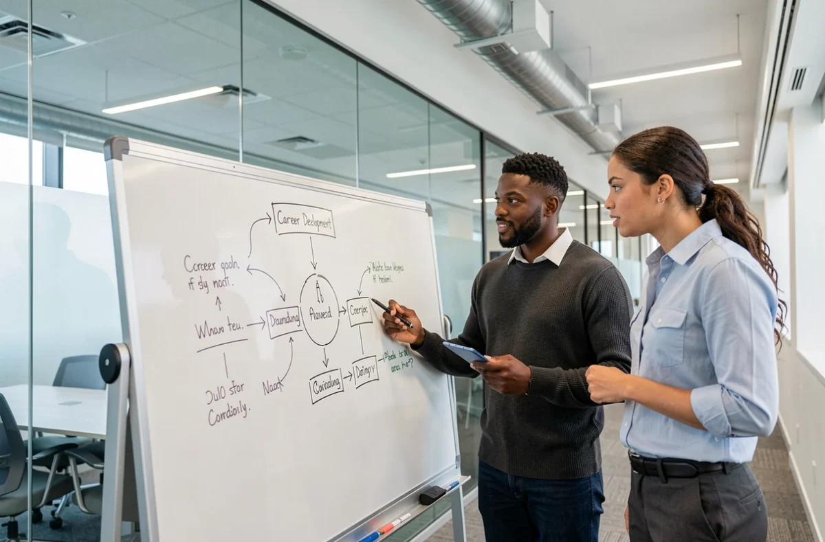 Équipe de professionnels planifiant ensemble une stratégie d'évolution de carrière autour d'un tableau blanc en salle de réunion