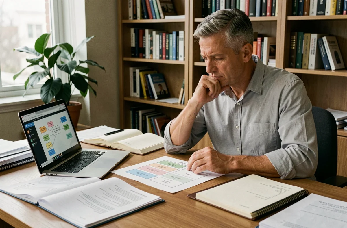 Manager analysant les étapes d'une démarche stratégique à son bureau avec des documents de planification