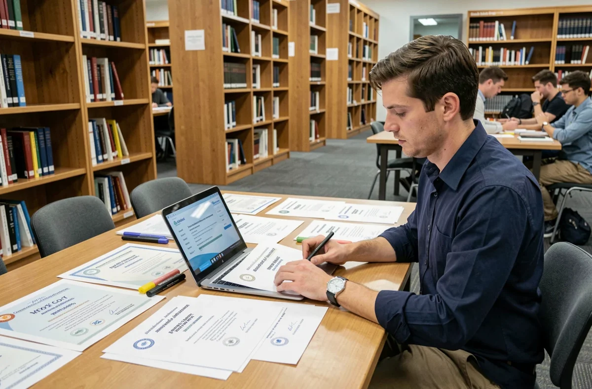 Étudiant examinant des certificats de MOOC imprimés dans une bibliothèque universitaire