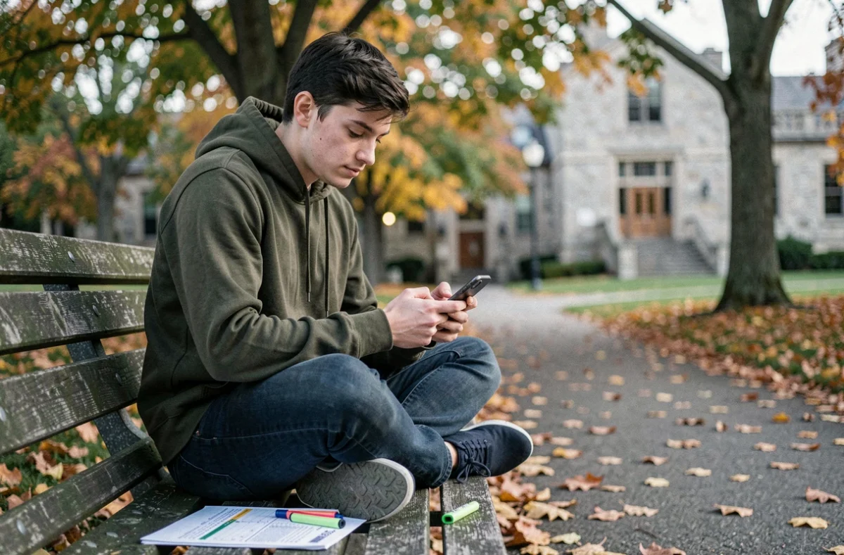 Étudiant gérant son emploi du temps avec un smartphone et des notes papier sur un campus universitaire