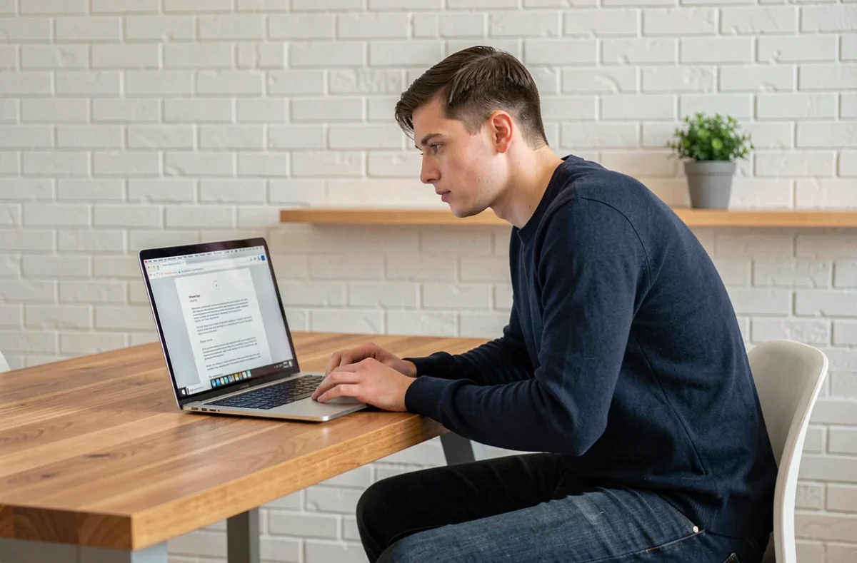 Étudiant en stage rédigeant un rapport professionnel sur son ordinateur portable à domicile