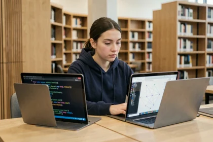 Étudiante comparant un cours d'informatique et un cours d'intelligence artificielle sur deux ordinateurs portables dans une bibliothèque universitaire moderne