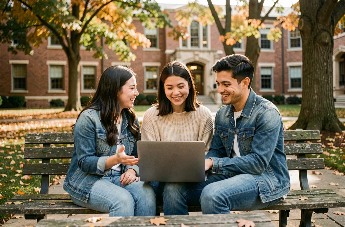 Groupe d'étudiants universitaires collaborant en plein air sur un campus automnal, symbole du savoir partagé
