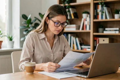 Femme concentrée travaillant sur des documents pour éviter le BSR Amazon dans un bureau à domicile