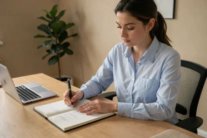 Femme organisant ses objectifs de gestion du temps dans un agenda sur un bureau en bois
