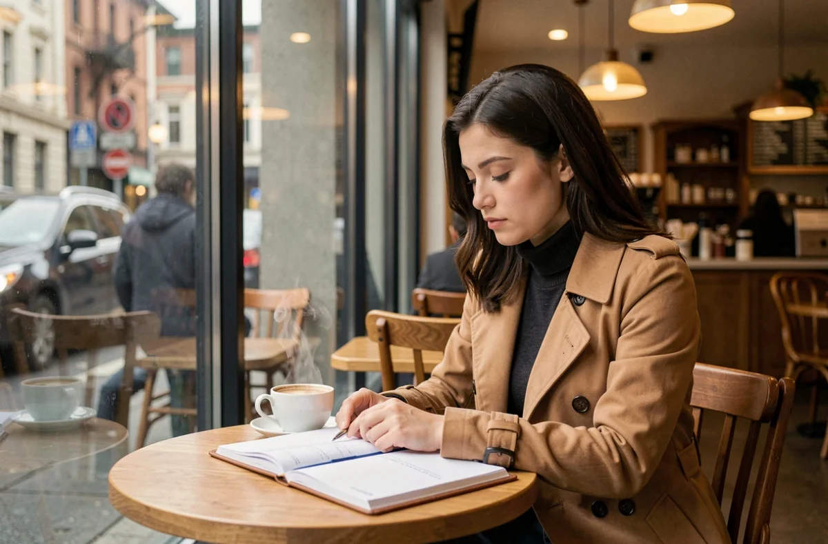 Jeune femme réalisant son bilan personnel dans un café avec un agenda ouvert devant elle