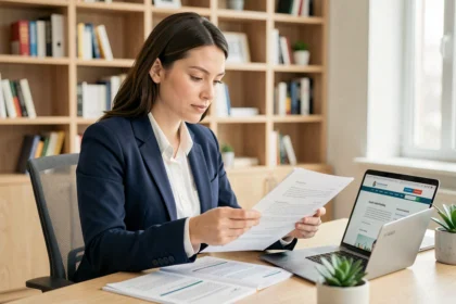 Femme en blazer marine consultant des documents de financement de formation professionnelle à son bureau