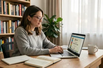 Femme consultant son certificat de MOOC sur un ordinateur portable dans un bureau à domicile moderne