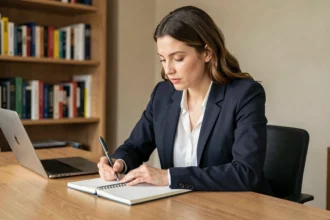 Femme concentrée en train d'écrire une lettre de motivation à son bureau à domicile