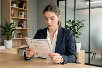 Femme en blazer marine examinant un certificat de formation qualifiante dans un bureau moderne