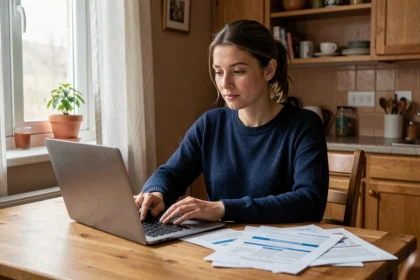 Femme sans emploi consultant des documents sur le financement de formation professionnelle à son domicile