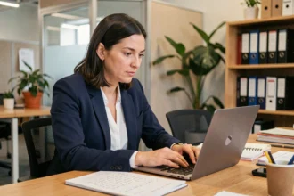 Femme professionnelle concentrée sur une formation en ligne dans un espace de coworking moderne