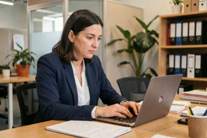 Femme professionnelle concentrée sur une formation en ligne dans un espace de coworking moderne