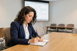 Femme en formation professionnelle prenant des notes dans une salle de réunion moderne