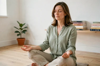 Femme en formation de sophrologie pratiquant un exercice de respiration dans un studio de bien-être lumineux